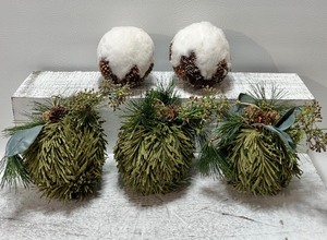 lot 341 image: Large Nature-Inspired Faux EVERGREEN, PINECONE, and COTTON Ornament Bulbs