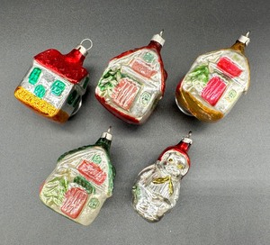 lot 346 image: VINTAGE MERCURY GLASS Chalet and Santa Figure Ornaments - QTY 5 - WEST GERMANY