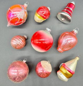 lot 357 image: Assorted ANTIQUE and MID CENTURY GLASS Ornaments including SHINY BRITE and WEST GERMANY - PINK - QTY 9
