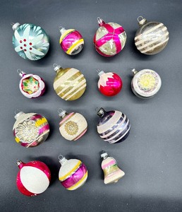 lot 361 image: Assorted ANTIQUE and VINTAGE GLASS Ornaments including Reflectors, Stripes, Bell - QTY 14