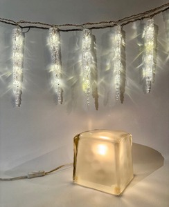 lot 365 image: Soft Glow LIGHTED GLASS Ice Block and Blinking Icicle STRING LIGHTS