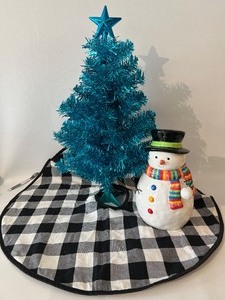 lot 377 image: Retro Teal Blue Christmas Tree, Buffalo Plaid Tree Skirt and Snowman Cookie Jar