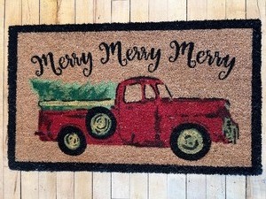 lot 381 image: Merry Christmas DOORMAT - Red Truck with Tree - NEW