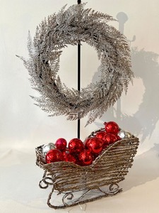 lot 383 image: Silver Glitter Wreath and Ornament Filled Tabletop Sleigh