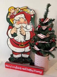 lot 402 image: MERRY EVERYTHING Sign, Mini Lighted Tree, and Santa Art