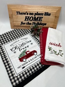 lot 415 image: HOME FOR THE HOLIDAYS Sign, Christmas Table Runner and Kitchen Towels