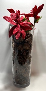 lot 420 image: Extra Large Glass Vase filled with Pinecones and Faux Poinsettia Picks