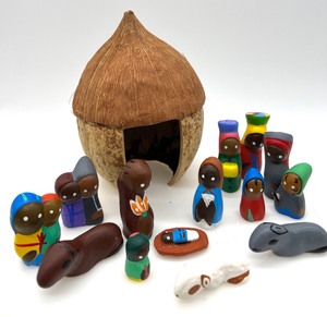lot 444 image: Clay Nativity with Coconut Hut - Haiti
