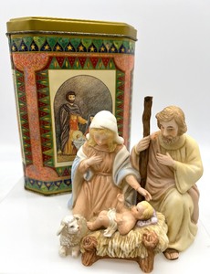 lot 445 image: PORCELAIN Nativity Figurin CANDLE Holder and Nativity Tin