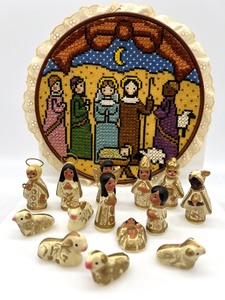 lot 463 image: Miniature Hand Painted Folk Art Nativity Set and Nativity Needlepoint