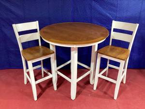 lot 062 image: High-Top Wood & White Bistro Table Set with Two Chairs  Charming and Functional