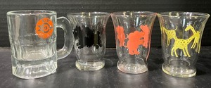 lot 27 image: Vintage Drinking Glasses - Three Libby JuiceShot Glasses and a Mini A&W Mug