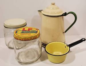 lot 30 image: Vintage Kitchen - Ivory & Green Enamel Coffee Pot, Yellow Enamel Sauce Pan, Two Vintage Jars