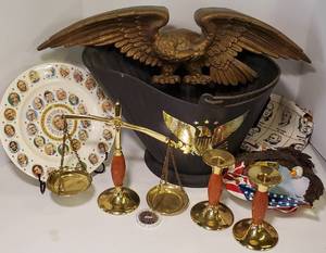 lot 47 image: Vintage Americana LOT - Coal Bucket, Three Decorative Plates, Candle Holders, Scale