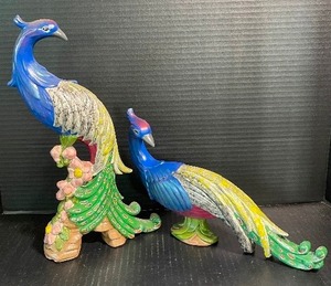 lot 130 image: Pair of Handmade Ceramic Class Art - Peacocks