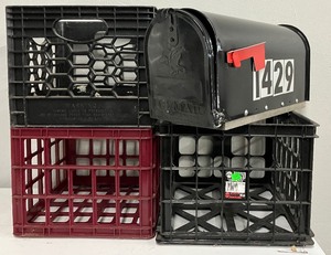 lot 165 image: Lot of Three Plastic Milk Crates and a Mailbox