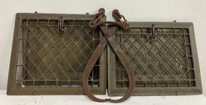 lot 169 image: Three Piece LOT - Two Vintage Metal Heat Register Covers and Antique IceHay Tongs Primitive