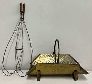 lot 171 image: Brass Firewood Holder Basket and Lot of 2 Vintage Rug Beaters