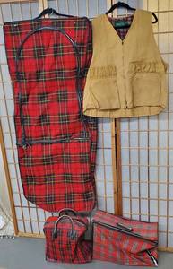 lot 185 image: Vintage Lodge Decor Red and Black Plaid Picnic Set and Hunting Vest