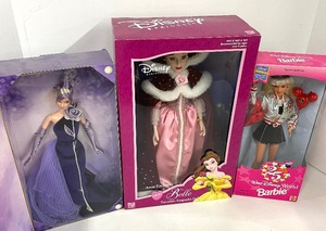 lot 149 image: Bob Mackie Sterling Silver Rose Barbie 2001 NIB, 1996 25th Anniversary Walt Disney World Barbie NIB, Disney Princess Belle