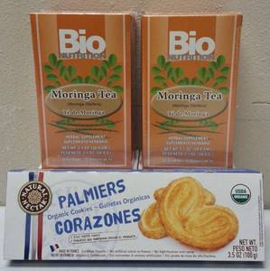 lot 52 image: (2) Bio Nutrition  Moringa Tea - Herbal Supplement (1) Natural Nectar Palmiers Corazones - Organic Cookies