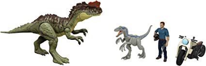 lot 743 image: Jurassic World HLP79 Toy, Yangchuanosaurus, Velociraptor Blue, and Owen