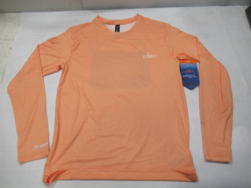 lot 443 image: NEW Habit Mens Solar Factor Quick Dry Cooling Broadside Basin Long Sleeve Graphic Tee - Tangerine Orange - Large