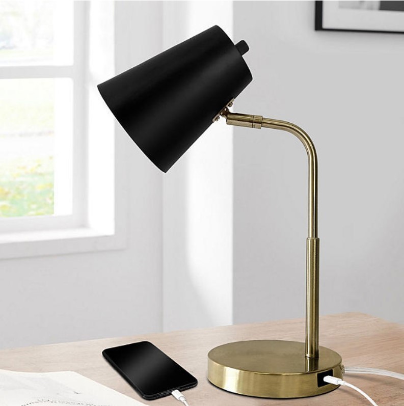 lot 211 image: NEW LAMPz15.5in Soho Desk Lamp with Charging Port - Brass with Black Shade