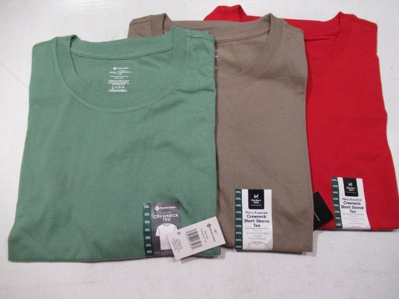 lot 234 image: NEW 3 Pack of Members Mark Mens Essential Crewneck Short Sleeve T-Shirts (RedGreenBrown) - 3XL