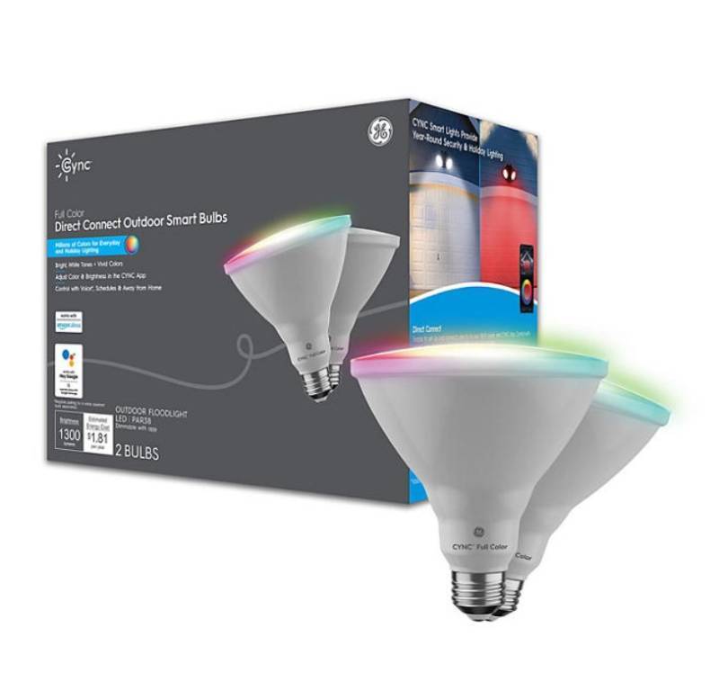 lot 239 image: CYNC Full Color Direct Connect Outdoor Par38 Smart Bulbs 2pk.