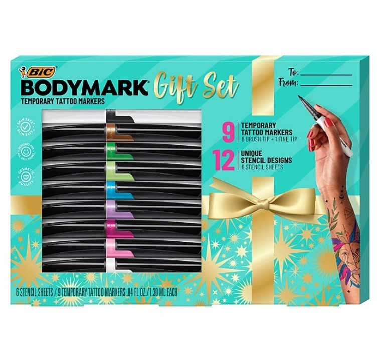 lot 282 image: NEW BIC BodyMark Temporary Tattoo Kit, 9 Markers & 6 Stencil Sheets