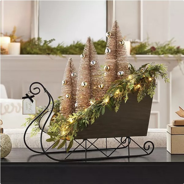 lot 307 image: NEW Members Mark Pre-Lit Decorative Metal Sleigh with Trees - Bronze