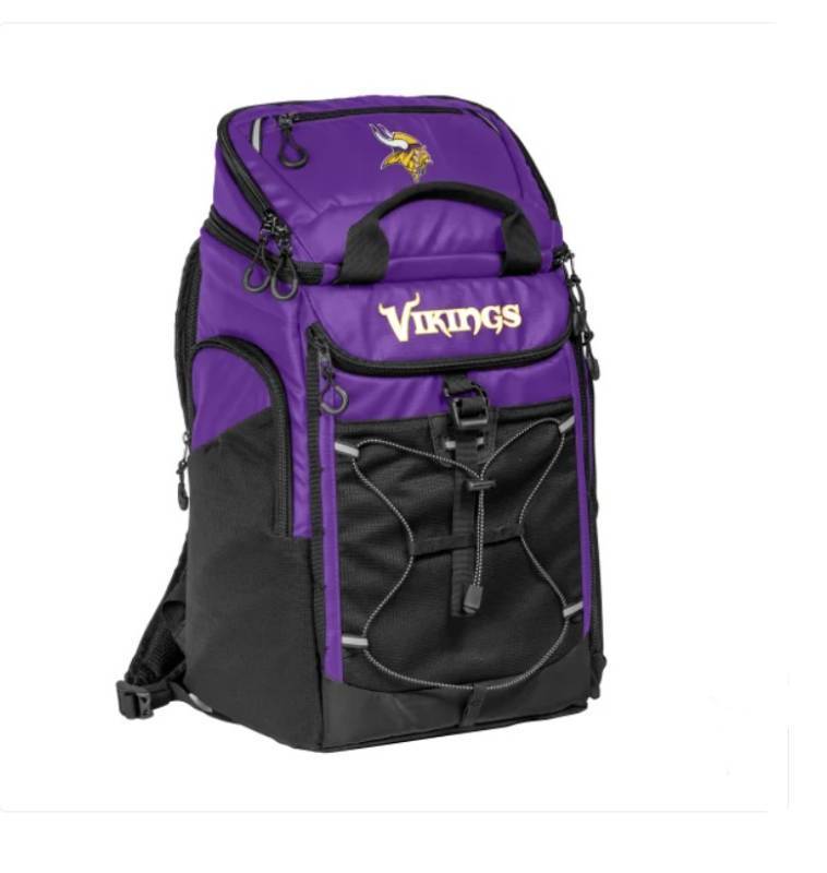 lot 141 image: NEW Logo Brands NFL 26-Can Backpack Cooler with Handles - Minnesota Vikings