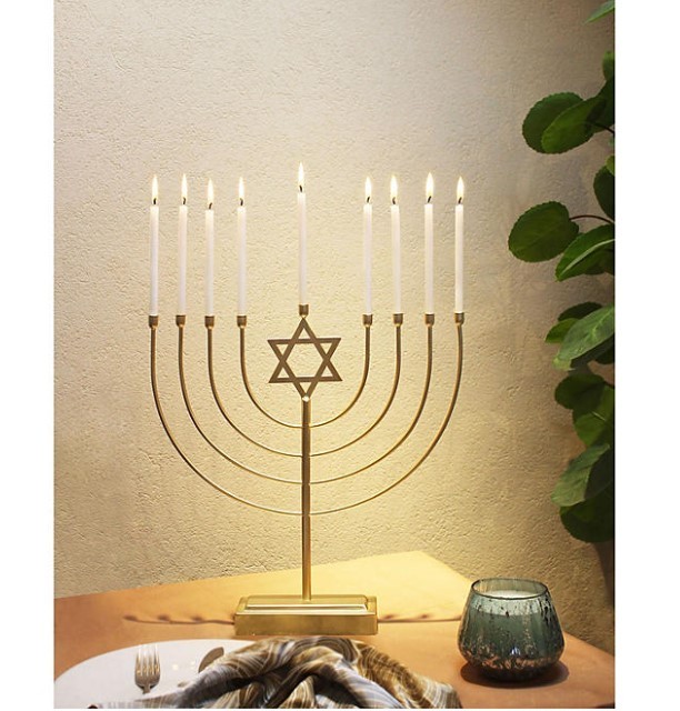 lot 129 image: NEW Members Mark Menorah with Taper Candles Gift Set - Gold Finish