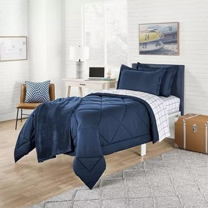 lot 341 image: NEW Members Mark 4pc Comforter Set, Fits TwinXL and Full Bed - Navy Blue