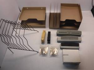 lot 30 image: Assorted Office Supplies - File Holders, Paper Organizers, 3 hole punches, Staplers, Etc.
