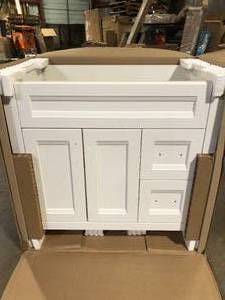 lot 20 image: Home Decorators Collection Ridge 36 in. W x 22 in. D x 34 in. H Bath Vanity Cabinet without Top in White Customer Returns See Pictures