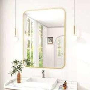 lot 37 image: XRAMFY 30 in. W x 39 in. H Rectangular Modern Aluminum Alloy Framed Rounded Gold Wall Mirror  Customer Returns See Pictures