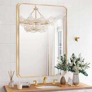 lot 38 image: Sxiawe 30 in. W x 40 in. H Modern Rectangular Aluminum Alloy Gold Rounded Corner Wall MirrorDecorative Mirror   Customer Returns See Pictures