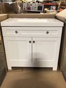 lot 14 image: Glacier Bay Everdean 37 in. Single Sink Pearl Gray Bath Vanity with White Cultured Marble Top (Assembled) Slight Damage  Customer Returns See Pictures