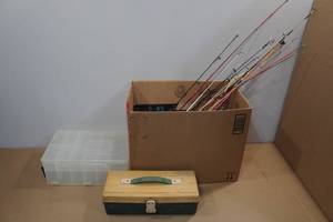 lot 187 image: Assorted Fishing -Ice Fishing Poles, Tackle Boxes