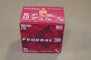 lot 318 image: 25 Federal Field & Target 20 Gauge 2-34 7-12 Shot Shotshells