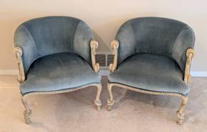 lot 20 image: Pair of Vintage Tassel Accented Blue Armchairs