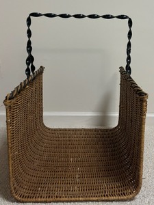 lot 50 image: Gorgeous Brown Woven Basket with Black Medal Handles for Firewood or Decor