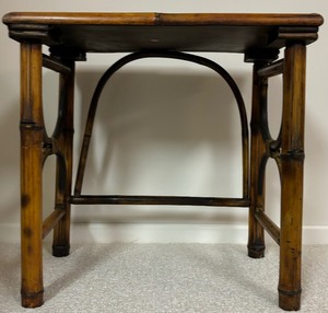 lot 53 image: Vintage Brown Rattan and Woven Top End Table
