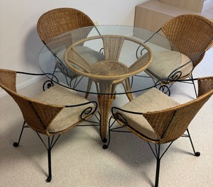 lot 12 image: Lovely Round Glass Top with Four Rattan Chairs and Base