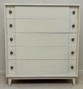 lot 3 image: Tall Wooden Painted 5 Drawer Cream Dresser with Shutter Design with Brass Hardware