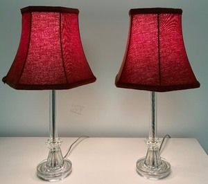 lot 65 image: Pair of Vintage Etched Glass Table Lamps with Burnt Orange Shades