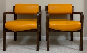 lot 6 image: Pair of Retro Lounge Chairs in Orange and Dark Wood
