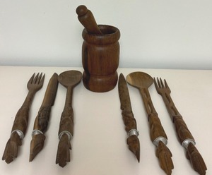 lot 80 image: Vintage African Carved Wood Serving Spoons, Forks and Knives and Vintage Wood Mortar and Pestle Set